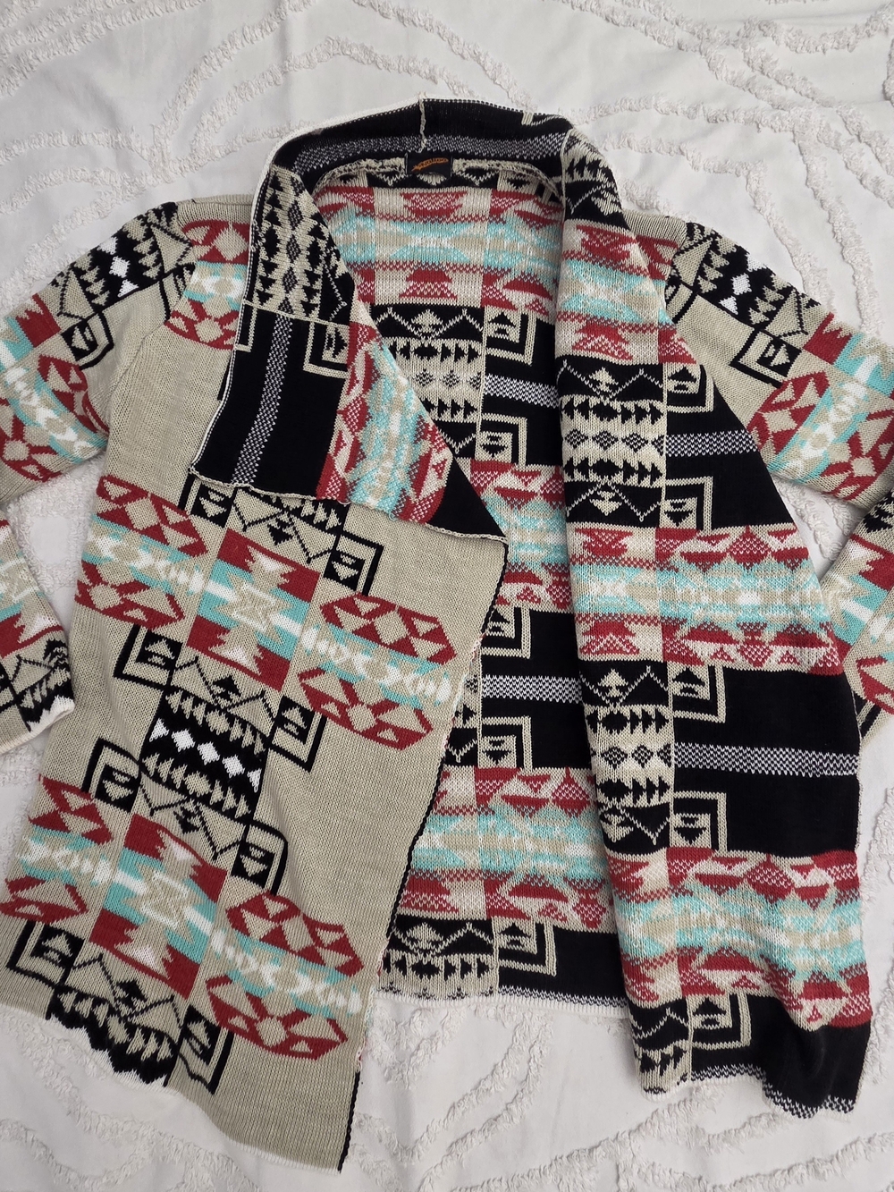 Native Aztec-Pattern Open-Front Cardigan - Cream, Red & Turquoise - Picture 2 of 6
